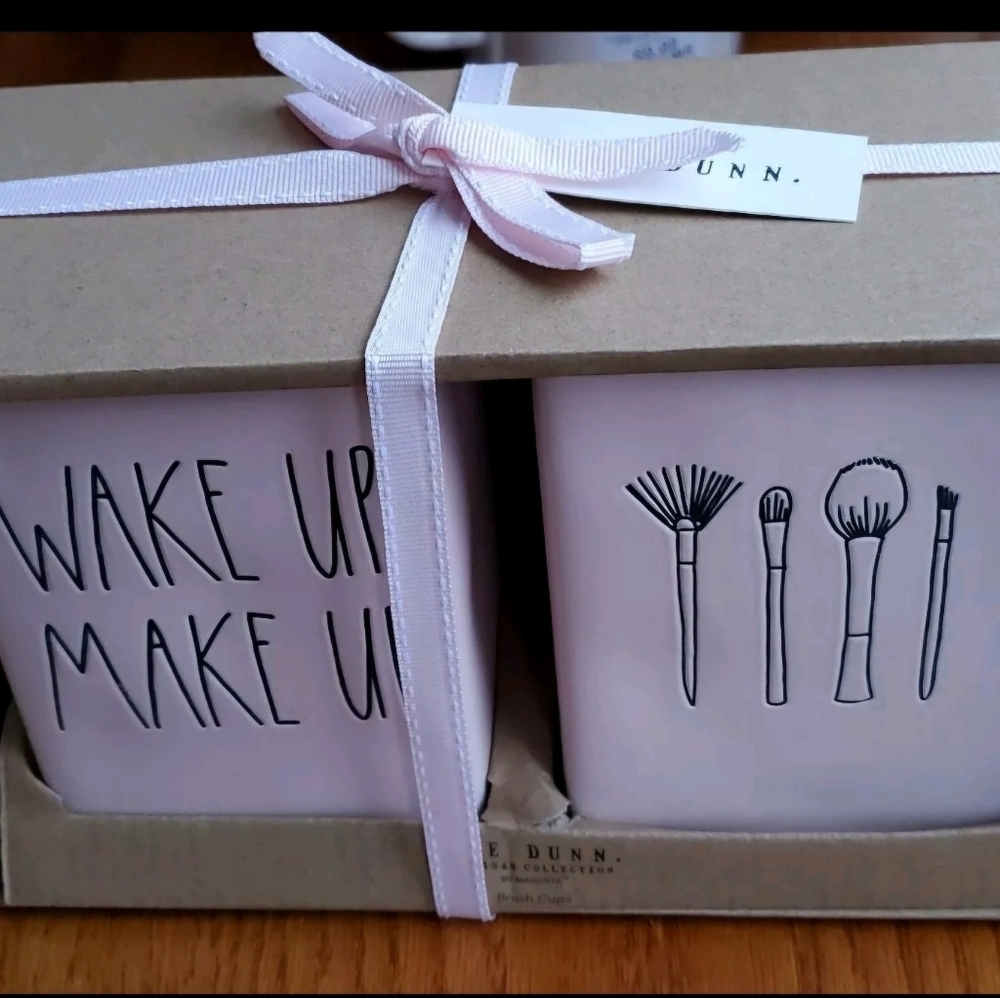 Retired Rae Dunn Blush Pink "WAKE UP MAKE UP" Brush Holder Set. Collectible &HTF
